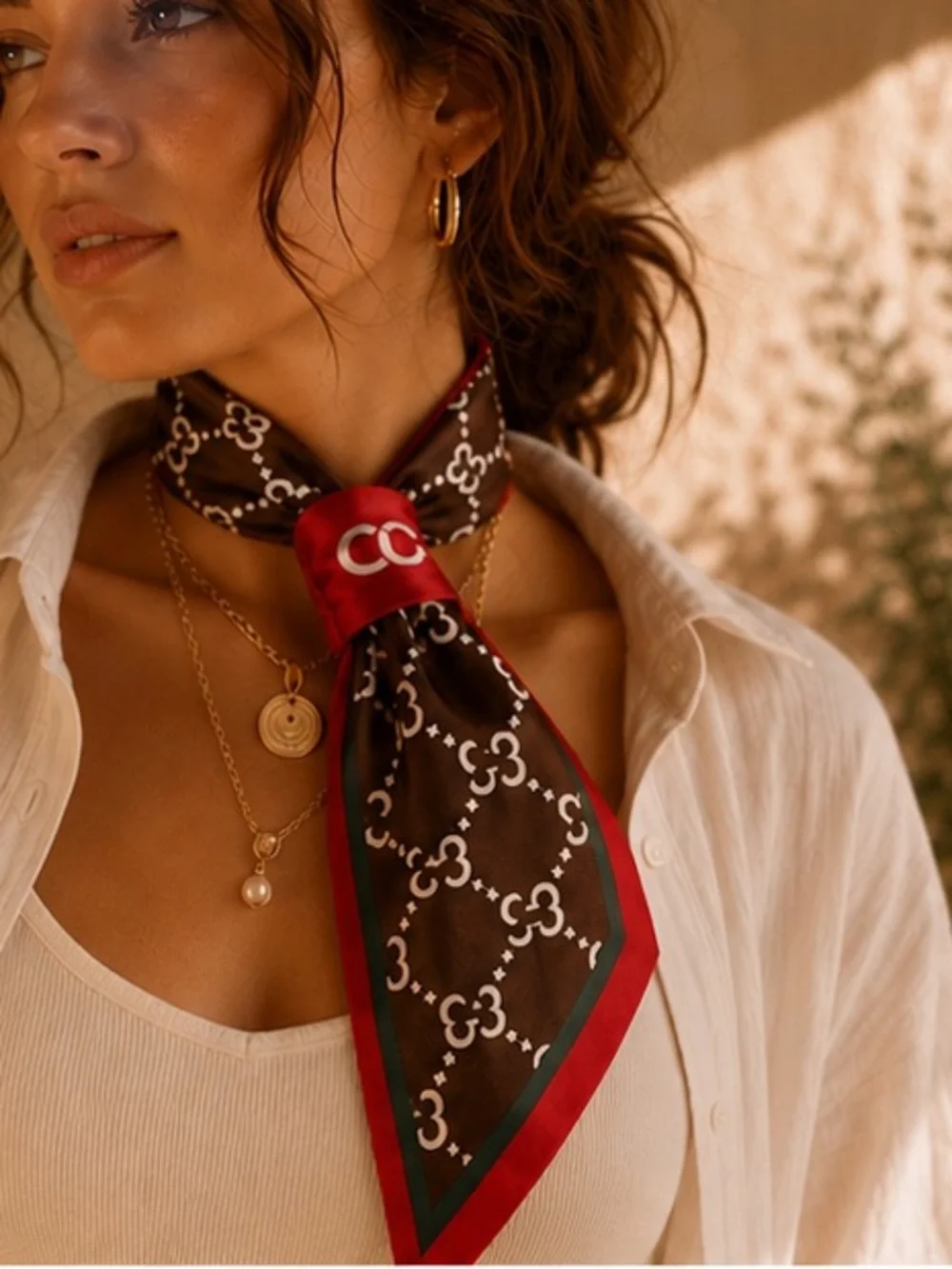 Designer Inspired Twilly Scarf Brown, Red & Green Chain Print Hair Scarf